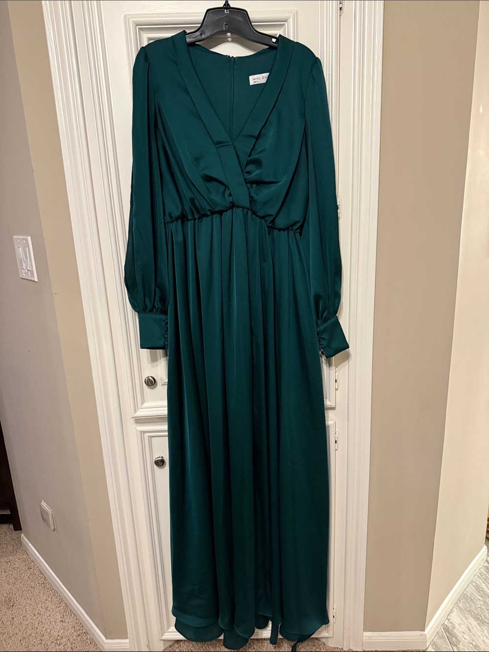 Mac Duggal Teal Green Long Sleeve V-Neck Maxi Gown